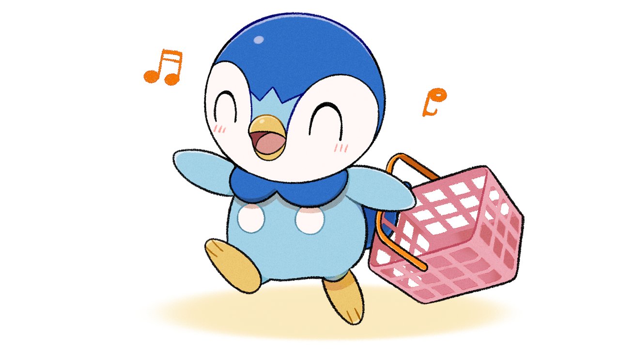 basket blush closed_eyes commentary_request creature gen_4_pokemon holding holding_basket leg_up musical_note no_humans official_art open_mouth piplup pokemon pokemon_(creature) project_pochama solo standing toes tongue