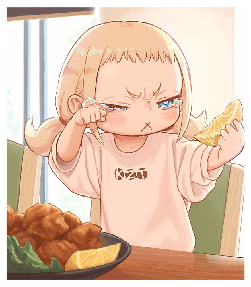 1girl :x blonde_hair blue_eyes border child closed_eyes crying food fried_chicken fruit kozato_(yu_kozato) lemon low_twintails open_mouth original shirt short_twintails solo tearing_up twintails white_border white_shirt