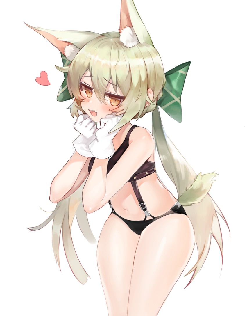 1girl :d animal_ear_fluff animal_ears art556_(girls_frontline) bangs bare_shoulders black_bra black_panties blush bow bra braid brown_eyes dokomon eyebrows_visible_through_hair fang girls_frontline gloves green_bow green_hair hair_between_eyes hair_bow hands_up heart long_hair looking_at_viewer low_twintails navel open_mouth p7_(girls_frontline) panties simple_background smile solo twintails underwear very_long_hair white_background white_gloves