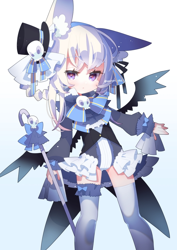 1girl animal_ears black_jacket blue_bow blue_ribbon bow cane cat_ears clip_studio_paint_(medium) coattails demon_wings frilled_sleeves frills garters hair_ribbon hairband hat holding holding_cane jacket leotard long_sleeves original ribbon skull solo thigh-highs top_hat violet_eyes white_hair white_legwear wings yokoe_(mealtime)