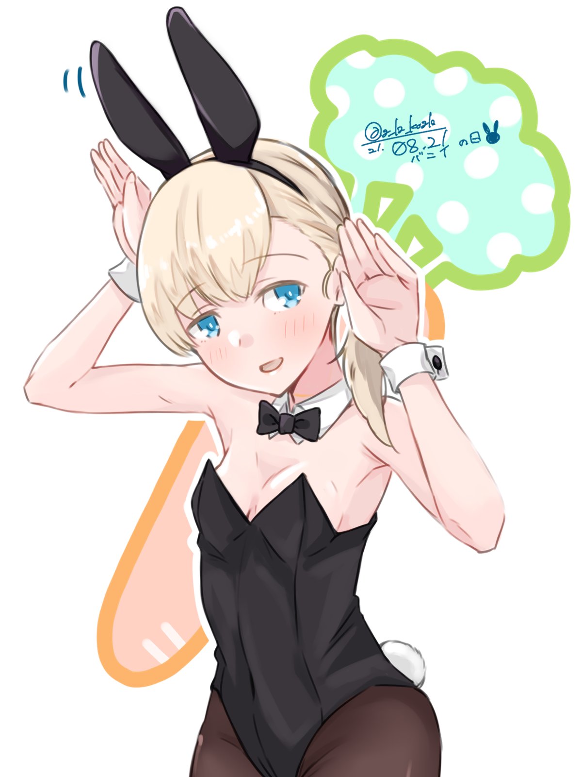 1girl alakoala animal_ears bangs black_legwear black_leotard black_neckwear blonde_hair blue_eyes blunt_bangs bow bowtie bunny_day bunny_pose commentary_request cowboy_shot detached_collar hair_over_shoulder highres kantai_collection leotard long_hair looking_at_viewer pantyhose playboy_bunny rabbit_ears rabbit_tail shin'you_(kancolle) solo strapless strapless_leotard tail white_background wrist_cuffs