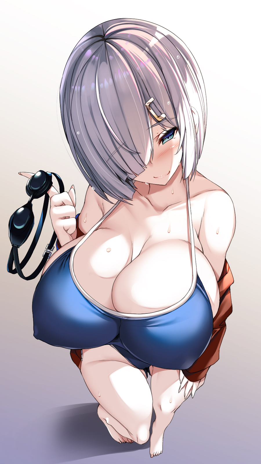 1girl barefoot blue_eyes blue_swimsuit breasts competition_school_swimsuit covered_nipples eyebrows_visible_through_hair from_above goggles hair_ornament hair_over_one_eye hairclip hamakaze_(kancolle) hand_on_leg highres jacket kantai_collection large_breasts pointing pointing_up red_jacket silver_hair simple_background smile swimsuit torisan