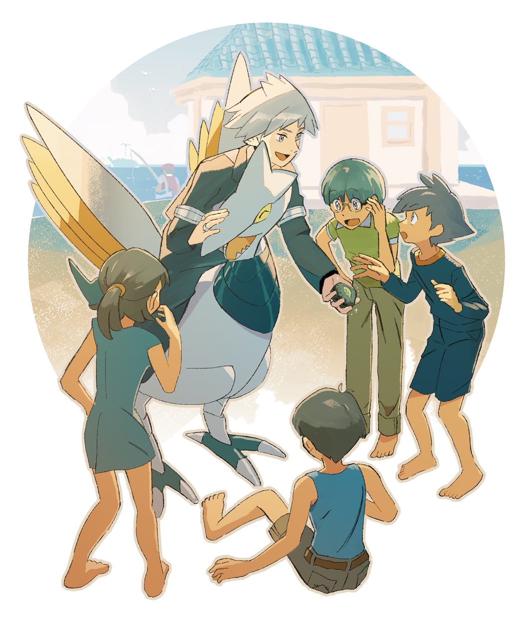 1girl 5boys :d bangs barefoot belt blue_shirt brown_belt collared_shirt commentary_request day dress green_hair green_shirt grey_eyes grey_hair highres holding jacket multiple_boys npc_trainer open_mouth outdoors pants pokemon pokemon_(creature) pokemon_(game) pokemon_rse riding riding_pokemon school_kid_(pokemon) shirt short_hair shorts sitting sleeveless sleeveless_shirt smile standing steven_stone terrible_burst toes tongue