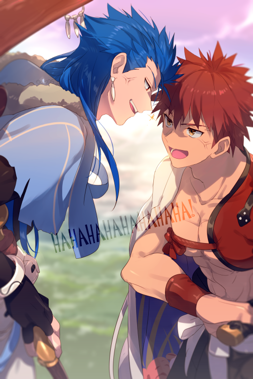 2boys anger_vein angry bangs black_gloves blue_capelet blue_hair cape capelet collarbone commentary_request cu_chulainn_(caster)_(fate) cu_chulainn_(fate) day earrings echo_(circa) emiya_shirou english_text eyebrows_visible_through_hair fate/grand_order fate_(series) fingerless_gloves fur-trimmed_hood fur_trim gloves hair_between_eyes height_difference holding holding_staff holding_sword holding_weapon hood hood_down hooded_capelet japanese_clothes jewelry long_hair looking_at_another male_focus multiple_boys open_mouth outdoors pointy_hair red_eyes redhead senji_muramasa_(fate) shirtless short_hair single_bare_shoulder sky smile staff sword twitter_username upper_body upper_teeth weapon white_cape yellow_eyes