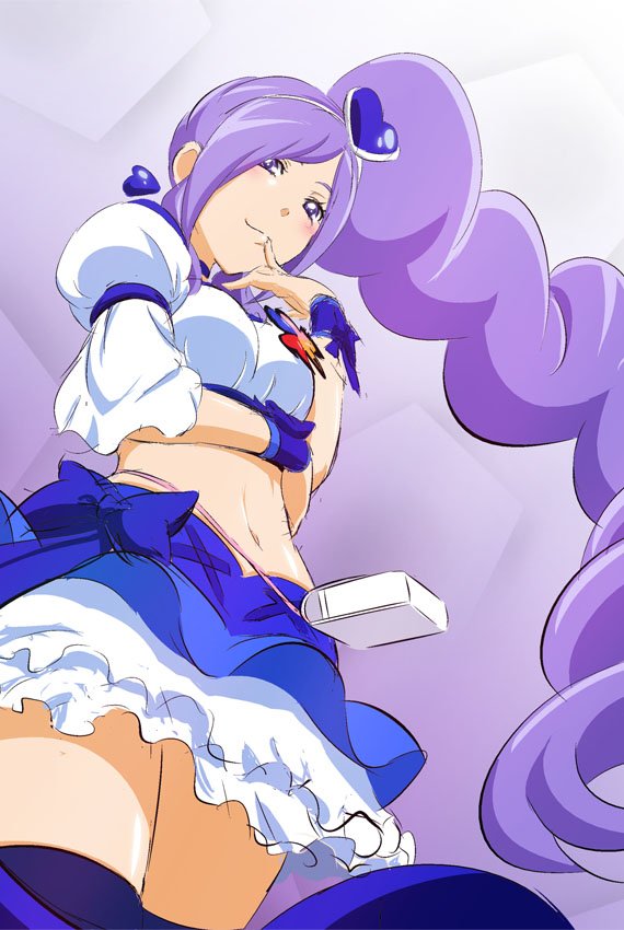 1girl :3 bangs blue_eyes blue_legwear blue_skirt blush closed_mouth cowboy_shot crop_top cure_berry earrings finger_to_mouth floating_hair fresh_precure! from_below fuchi_(nightmare) gradient gradient_background hair_ornament heart heart_earrings heart_hair_ornament index_finger_raised jewelry layered_skirt long_hair midriff miniskirt navel parted_bangs precure purple_background purple_hair shiny shiny_hair side_ponytail sketch skirt smile solo standing stomach thigh-highs very_long_hair white_skirt