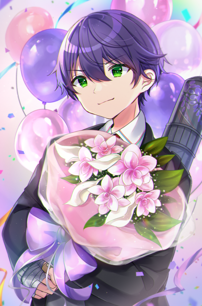 &gt;:) 1boy balloon bandaged_hands bandages bandaid bandaid_on_hand bangs black_jacket blazer bouquet bow closed_mouth collared_shirt commentary_request eyebrows_visible_through_hair flower green_eyes hair_between_eyes highres jacket kenmochi_touya long_sleeves looking_at_viewer male_focus minami_saki nijisanji object_hug pink_flower purple_bow purple_hair school_uniform shirt smile solo upper_body v-shaped_eyebrows virtual_youtuber white_shirt