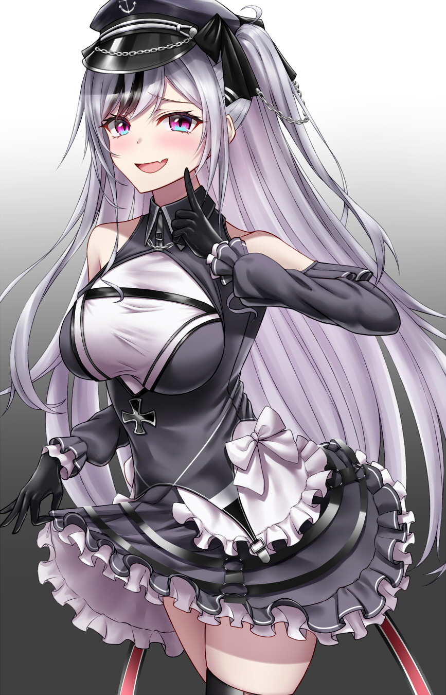 1girl azur_lane bangs black_background black_dress black_gloves black_hair black_headwear black_legwear black_ribbon bow breasts chain clothing_cutout cowboy_shot cross dress elbe_(azur_lane) fang frilled_dress frills gloves gradient gradient_background hair_ribbon hat highres iron_cross layered_dress long_hair looking_at_viewer medium_breasts multicolored_hair naga_(pixiv70891418) open_mouth peaked_cap ribbon shoulder_cutout skin_fang skirt_hold smile solo streaked_hair swept_bangs thigh-highs two-tone_background two_side_up very_long_hair violet_eyes white_background white_bow white_hair