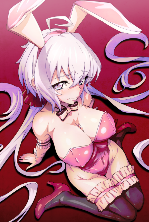 ahoge animal_ears bow bowtie breasts bunny_day detached_collar eyebrows_visible_through_hair fake_animal_ears high_heels large_breasts leotard light_purple_hair looking_at_viewer low_twintails pantyhose pink_leotard playboy_bunny rabbit_ears red_background scrunchie senki_zesshou_symphogear shiny shiny_hair strapless strapless_leotard thigh-highs twintails uganda_(ugandam_00) violet_eyes wrist_cuffs yukine_chris