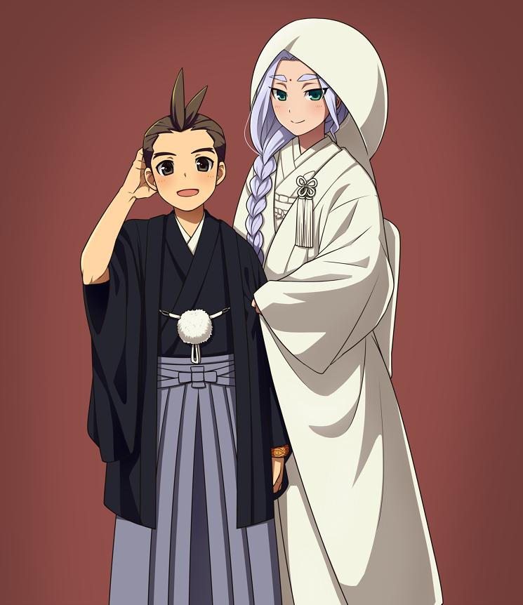 2boys alternate_costume androgynous antenna_hair asymmetrical_hair black_kimono blue_hair blush braid brothers brown_eyes brown_hair closed_mouth commentary_request facial_mark forehead forehead_mark forked_eyebrows green_eyes grey_hakama gyakuten_saiban gyakuten_saiban_6 hair_intakes hair_over_shoulder hakama half-closed_eyes hand_on_own_head hand_up haori happy hood hood_up japanese_clothes kimono long_hair long_sleeves looking_at_viewer male_focus multiple_boys nahyuta_sahdmadhi odoroki_housuke open_mouth pom_pom_(clothes) red_background short_hair siblings side_braid sidelocks simple_background smile standing straight-on tied_hair toma_q white_kimono wide_sleeves