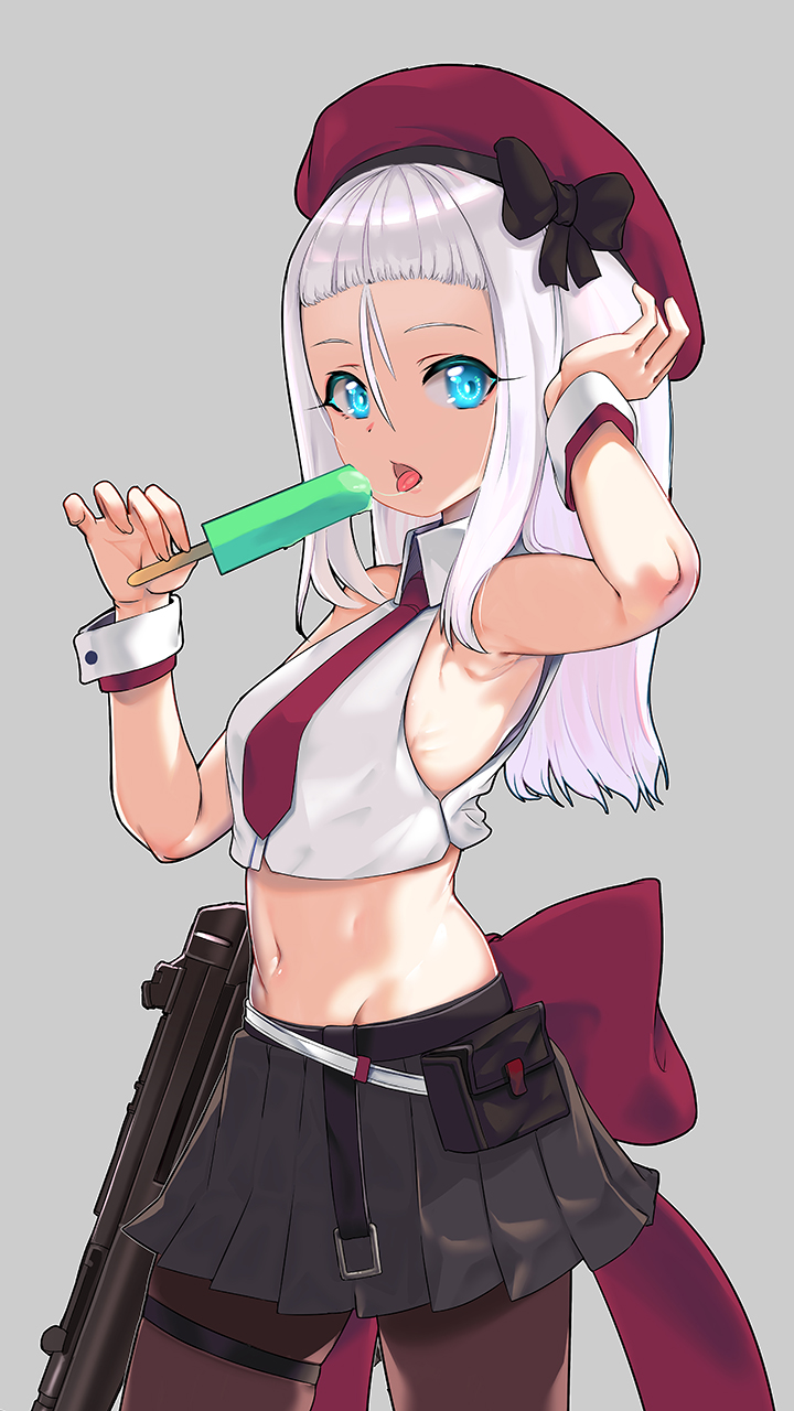armpit_cutout armpits beret black_bow black_skirt blue_eyes bow breasts clothing_cutout collared_shirt commentary cowboy_shot food girls_frontline grey_background gun h&amp;k_mp5 hair_between_eyes hat hat_bow highres jamgom large_bow licking long_hair looking_at_viewer midriff mp5_(girls_frontline) navel necktie open_mouth pantyhose pleated_skirt popsicle red_bow red_headwear red_neckwear shirt skirt sleeveless sleeveless_shirt small_breasts straight_hair submachine_gun tongue weapon white_hair white_shirt wrist_cuffs