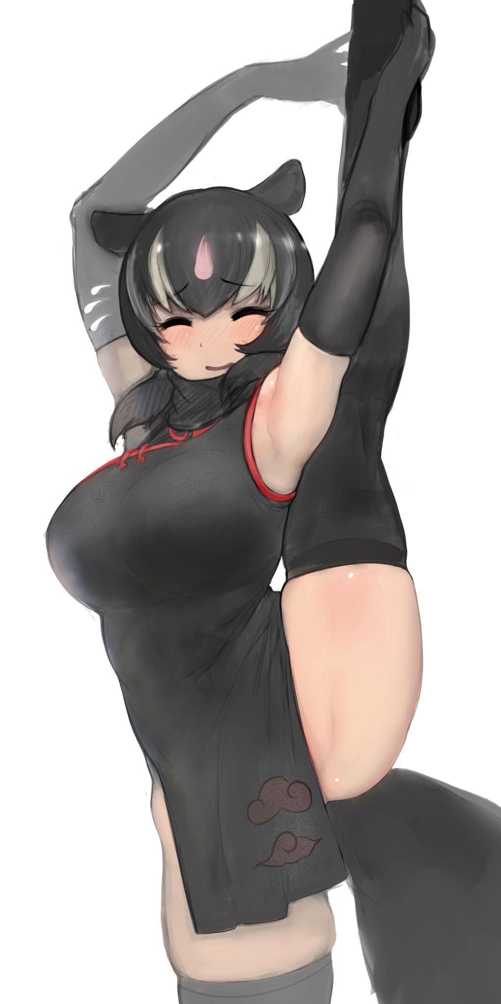 1girl alternate_breast_size animal_ears armpits arms_up aye-aye_(kemono_friends) bangs black_gloves black_hair black_legwear blonde_hair blush breasts china_dress chinese_clothes closed_eyes dress elbow_gloves eyebrows_visible_through_hair facing_viewer flexible flustered flying_sweatdrops furrowed_brow gloves highres kemono_friends large_breasts leg_hold leg_lift leg_up lemur_ears lemur_tail medium_hair multicolored_hair pink_hair shibori_kasu short_dress simple_background sleeveless sleeveless_dress smile solo split standing standing_on_one_leg standing_split stretch tail taut_clothes taut_dress thigh-highs white_background