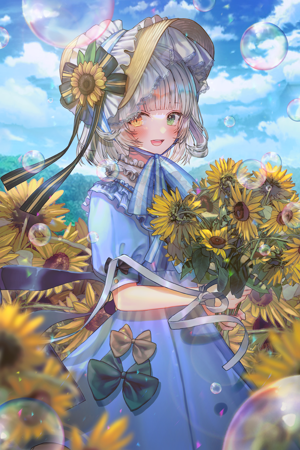 1girl :d bangs black_ribbon blue_dress blunt_bangs blurry blurry_foreground blush bonnet bow bubble clouds cloudy_sky commentary day dress field flower flower_field green_bow green_eyes hanato_(seonoaiko) heterochromia highres holding holding_flower looking_at_viewer mole mole_under_eye open_mouth original outdoors puffy_short_sleeves puffy_sleeves ribbon short_hair short_sleeves silver_hair sky smile solo standing sunflower upper_teeth white_ribbon yellow_bow yellow_eyes yellow_flower