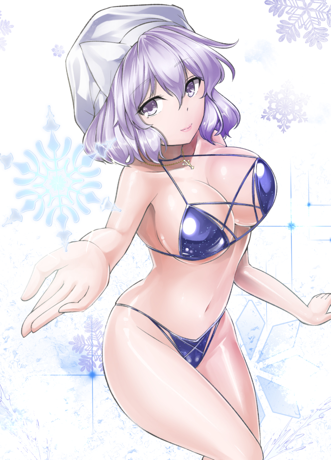 1girl adapted_costume bangs bare_shoulders bikini breasts closed_mouth commentary_request eyebrows_visible_through_hair feet_out_of_frame foreshortening hair_between_eyes hat large_breasts letty_whiterock light_smile looking_at_viewer purple_hair reaching_out short_hair simple_background snowflakes solo swimsuit thighs touhou violet_eyes white_background white_headwear y2