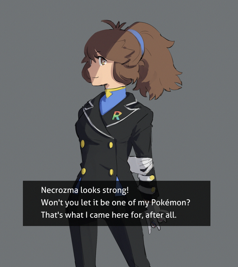1girl alternate_costume arm_behind_back bangs black_jacket black_pants blue_shirt bright_pupils brown_eyes brown_hair buttons closed_mouth commentary dark_persona dialogue_box english_commentary english_text gloves go-lurk green_(pokemon) grey_background jacket logo long_hair long_sleeves pants pokemon pokemon_(game) pokemon_lgpe ponytail shirt smile solo team_rainbow_rocket tied_hair white_gloves white_pupils