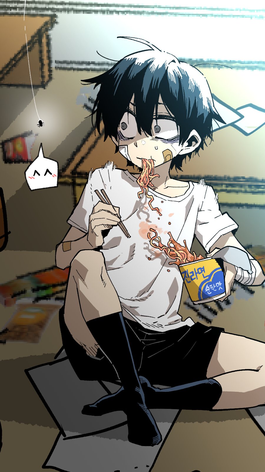 1boy bags_under_eyes bandage_on_face bandages bandaid bandaid_on_cheek black_hair black_legwear bug grey_eyes hair_between_eyes highres lee_hoon male_focus parkgee ramen shirt shorts silk socks solo spider spider_web suicide_boy surprised t-shirt