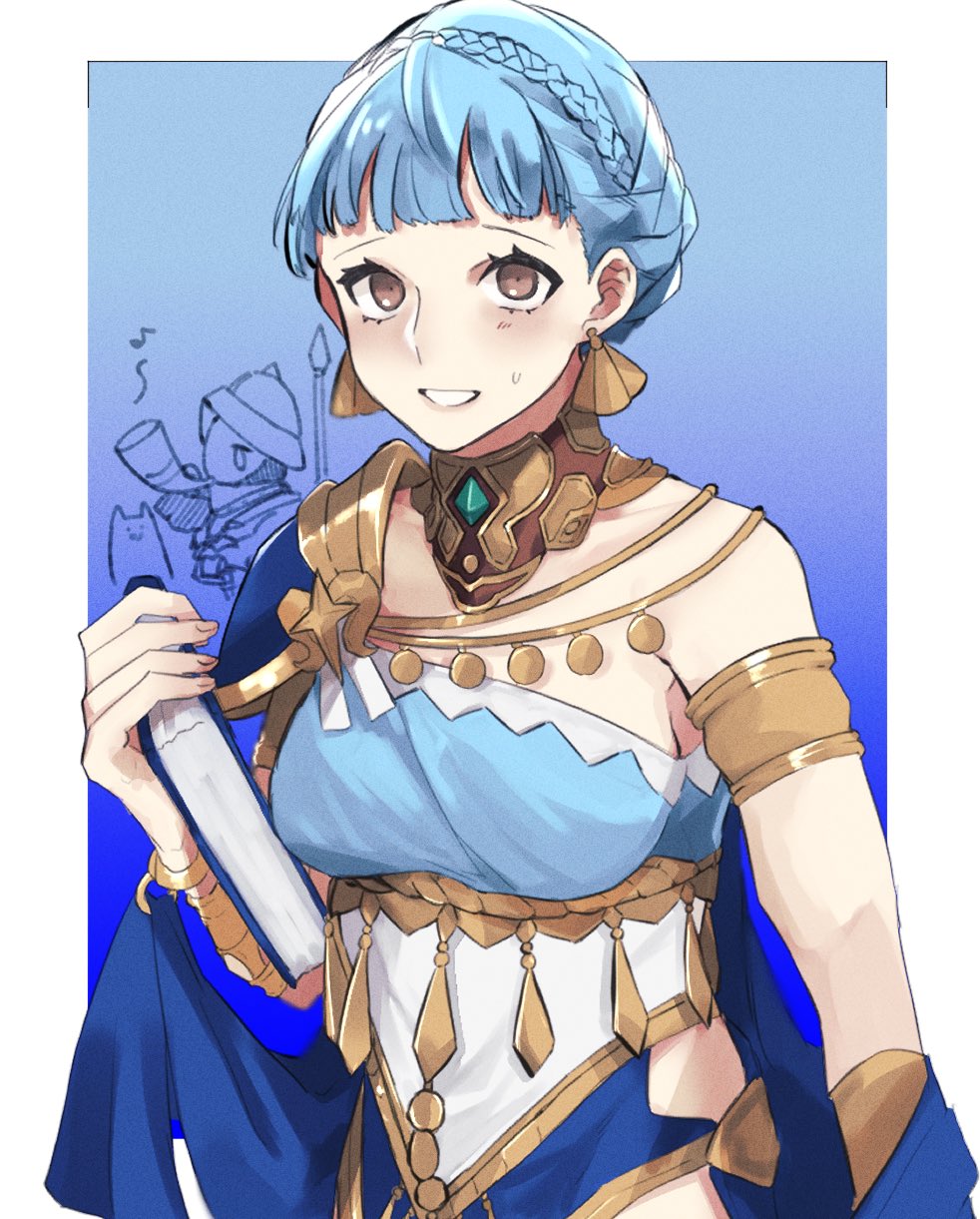 1boy 1girl alternate_costume animal armlet armor artist_request bags_under_eyes bangs blue_dress blue_hair blunt_bangs book braid breasts brown_eyes chibi collar collarbone commentary_request crown_braid crying dancer dancer_(three_houses) dress earrings fire_emblem fire_emblem:_three_houses fire_emblem_heroes gatekeeper_(fire_emblem) helmet highres holding holding_book jewelry marianne_von_edmund medium_breasts musical_note official_alternate_costume open_mouth shawl short_hair shoulder_armor sleeveless sleeveless_dress smile sweatdrop tears teeth upper_body