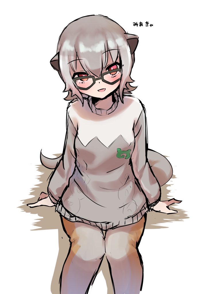 1girl blush brown_legwear commentary_request eyebrows_visible_through_hair from_above glasses grey_hair grey_legwear grey_sweater japari_symbol kemono_friends long_sleeves looking_at_viewer meerkat_(kemono_friends) meerkat_ears meerkat_tail mitorizu_02 multicolored_hair open_mouth pantyhose red_eyes short_hair sitting smile solo sweater tail translation_request two-tone_hair two-tone_legwear two-tone_sweater