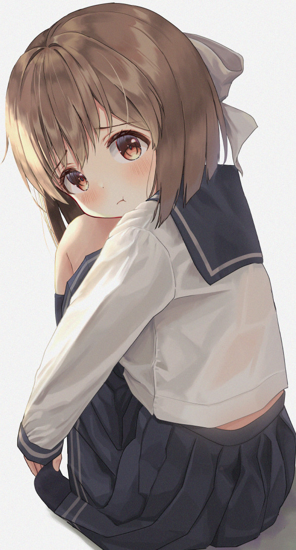 1girl :t bangs black_legwear black_sailor_collar black_skirt blush bow brown_eyes brown_hair closed_mouth commentary_request eyebrows_visible_through_hair from_behind grey_background hagiwara_yukiho hair_bow idolmaster knees_up long_sleeves looking_at_viewer looking_back mimikaki_(men_bow) no_shoes pleated_skirt pout sailor_collar skirt sleeves_past_wrists socks solo squatting white_bow