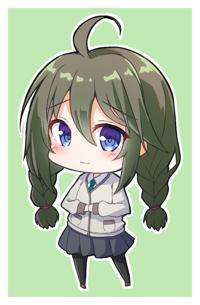 1girl ahoge bangs black_legwear black_skirt blue_eyes blush braid brown_footwear chibi closed_mouth collared_shirt commentary_request eyebrows_visible_through_hair full_body green_background green_hair green_neckwear grey_jacket hair_between_eyes jacket long_hair necktie nenosame outline pantyhose pleated_skirt princess_connect! shirt shoes skirt smile solo standing twin_braids twintails very_long_hair white_outline white_shirt yuni_(princess_connect!) yuni_(real)_(princess_connect!)