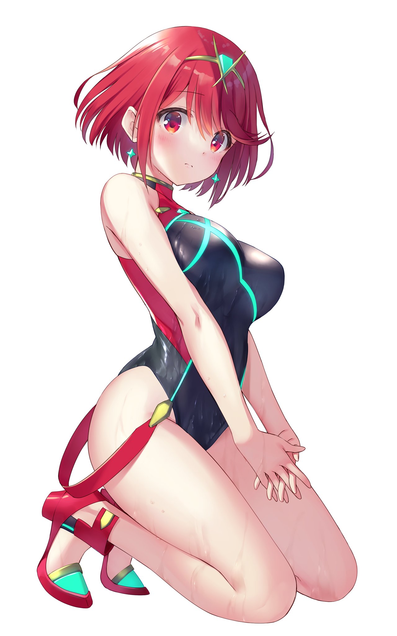 1girl bangs black_swimsuit breasts chest_jewel competition_swimsuit highres large_breasts na-ga one-piece_swimsuit pyra_(pro_swimmer)_(xenoblade) pyra_(xenoblade) red_eyes red_swimsuit redhead short_hair solo swept_bangs swimsuit two-tone_swimsuit xenoblade_chronicles_(series) xenoblade_chronicles_2
