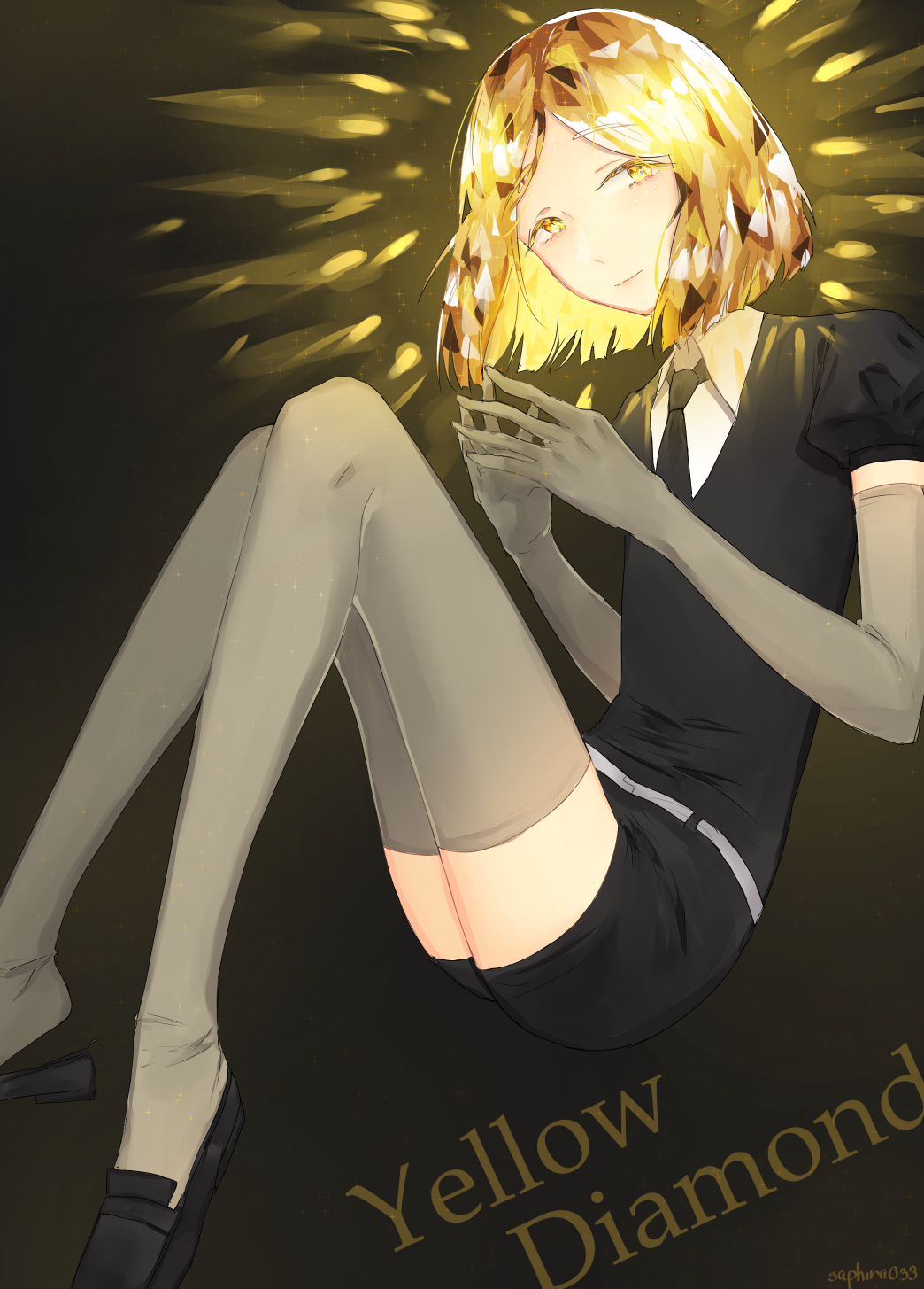 1other androgynous black_neckwear blonde_hair character_name commentary crystal_hair elbow_gloves english_commentary english_text gem_uniform_(houseki_no_kuni) gloves grey_gloves grey_legwear hands_together highres houseki_no_kuni looking_at_viewer necktie saphira033 shirt short_hair short_sleeves shorts smile thigh-highs yellow_diamond_(houseki_no_kuni) yellow_eyes