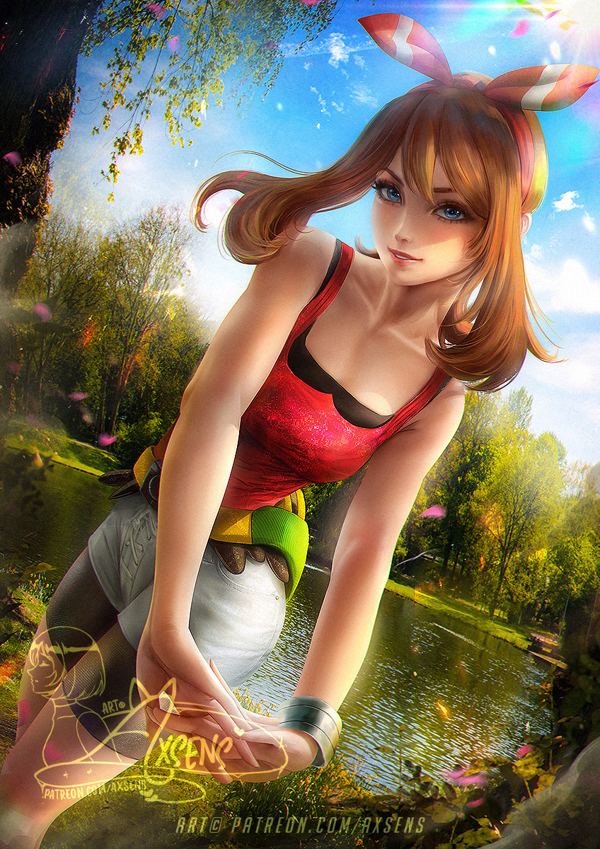 1girl axsen bangs banned_artist bike_shorts bike_shorts_under_shorts blue_eyes bracelet breasts brown_hair clouds commentary day eyelashes fanny_pack grass hands_together highres jewelry looking_at_viewer may_(pokemon) outdoors parted_lips pokemon pokemon_(game) pokemon_oras red_shirt shirt shorts signature sky sleeveless sleeveless_shirt smile solo standing stretch tree water watermark web_address white_shorts yellow_bag