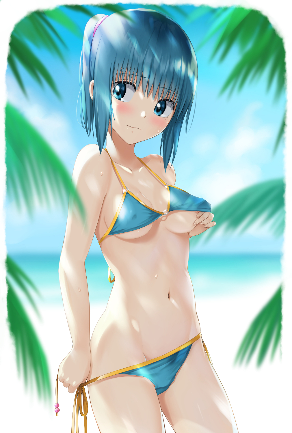 1girl :| bangs beach bikini blue_bikini blue_eyes blue_hair blurry blurry_background blurry_foreground blush breasts closed_mouth clouds collarbone covered_nipples cowboy_shot day depth_of_field eyebrows_visible_through_hair groin hair_tie hand_under_clothes hand_under_swimsuit high_ponytail highres kuchinawa_(skyks) lifted_by_self looking_back medium_breasts navel nervous ocean original outdoors palm_leaf ponytail pulled_by_self side-tie_bikini sidelocks sky solo standing sweat swimsuit tree under_boob wavy_mouth