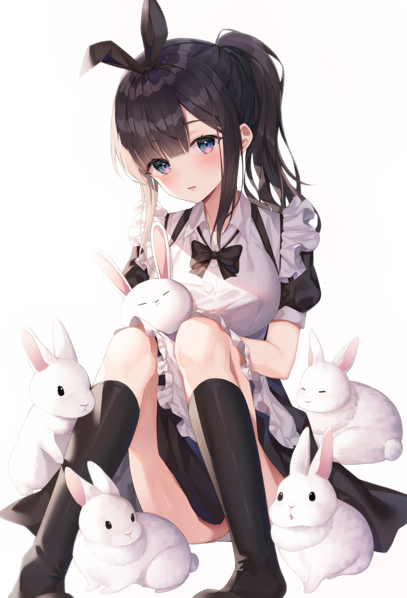 1girl alternate_costume animal animal_ears bangs banned_artist black_bow black_hair black_legwear blue_eyes blush bow bunny_day buttons clothes_lift collared_shirt dress duplicate enmaided eyebrows_visible_through_hair fluffy frilled_dress frilled_sleeves frills full_body hair_between_eyes hair_bow hair_ornament hand_on_own_knee hinaki_(hinaki_0102) knees_together_feet_apart maid open_mouth original pixel-perfect_duplicate ponytail rabbit rabbit_ears rabbit_tail shirt simple_background sitting skirt skirt_lift tail white_background