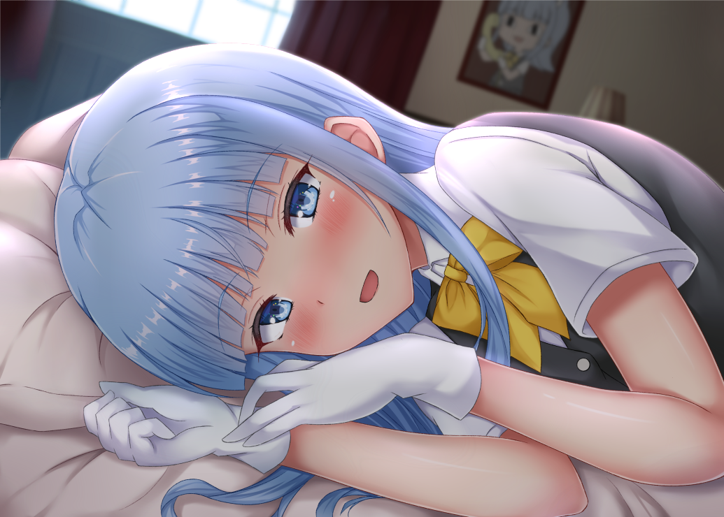 1girl bed bed_sheet blue_eyes blue_hair blush buttons collared_shirt eyebrows_visible_through_hair gloves grey_vest hatsukaze_(kancolle) kantai_collection long_hair looking_at_viewer lying on_side open_mouth picture_(object) pillow piyobomu shirt smile solo vest white_gloves white_shirt yellow_neckwear