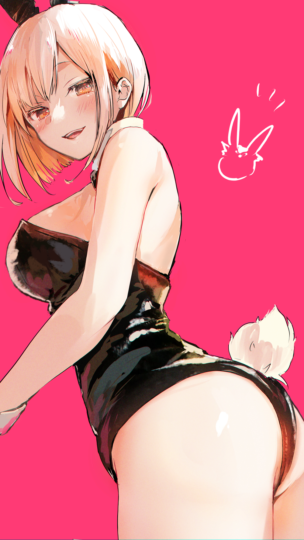 1girl animal_ears ass bare_shoulders bareback black_leotard blonde_hair breasts fake_animal_ears from_side highres large_breasts leotard looking_at_viewer original parted_lips playboy_bunny rabbit_ears rabbit_tail short_hair smile tail tomozero yellow_eyes