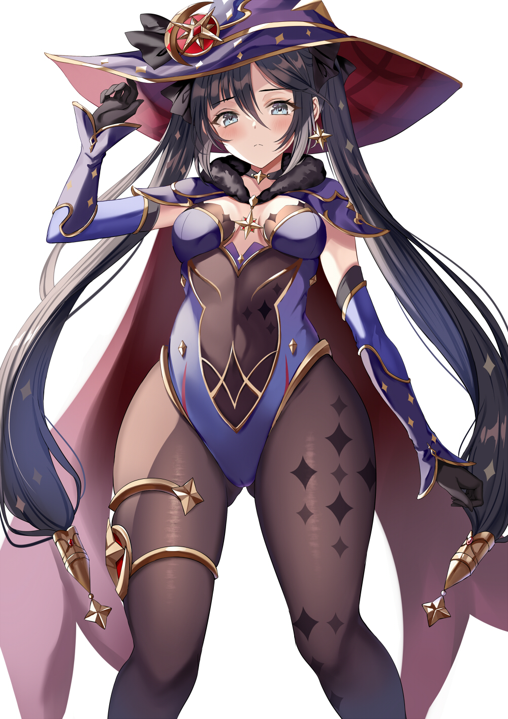 1girl bangs blue_leotard blush bodystocking breasts earrings genshin_impact harimoji hat highres jewelry leotard long_hair looking_at_viewer medium_breasts mona_(genshin_impact) solo star_(symbol) star_earrings thighlet witch_hat
