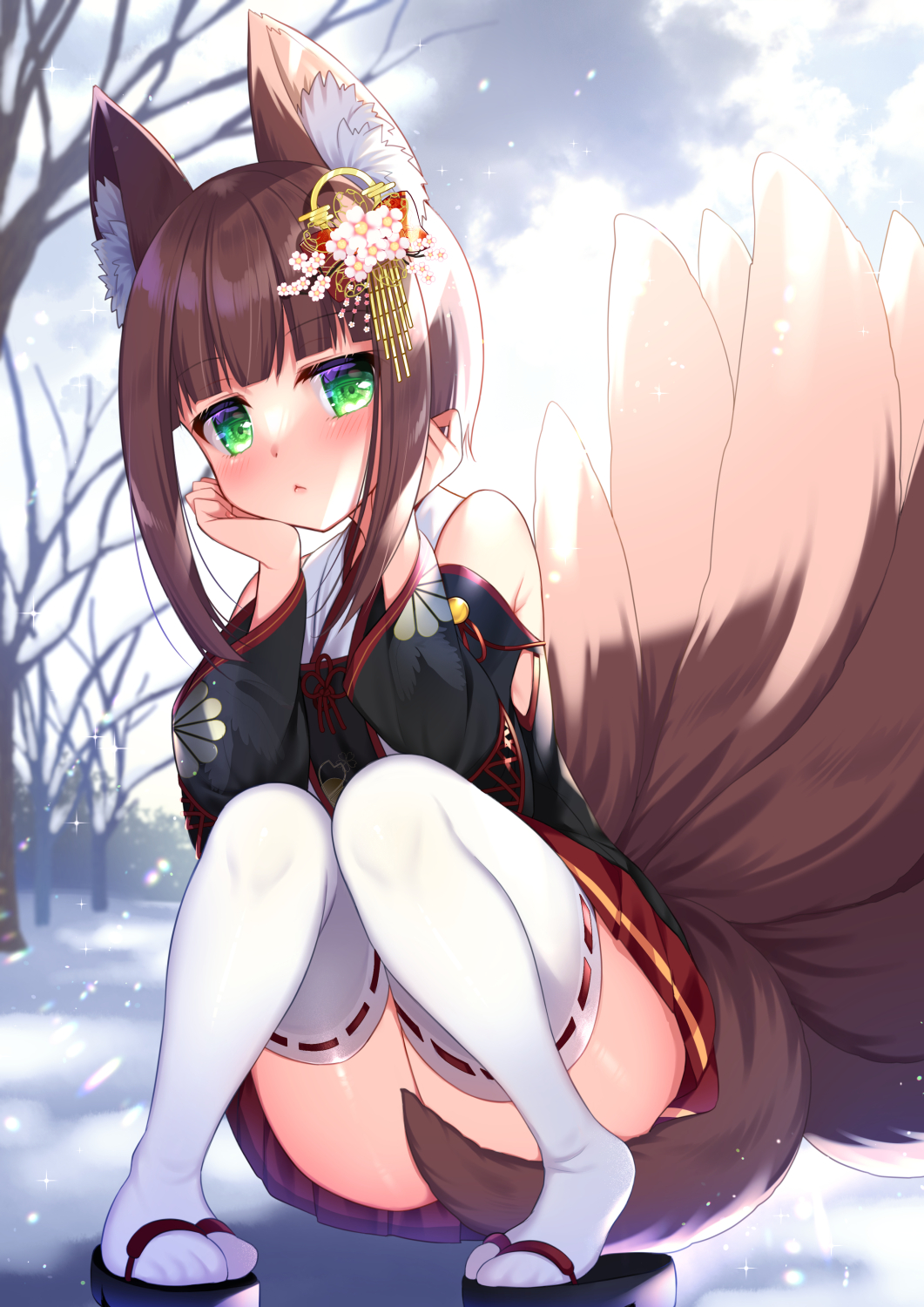 1girl :&lt; animal_ears arm_support bangs blunt_bangs blurry brown_hair character_request commentary_request depth_of_field detached_sleeves eyebrows_visible_through_hair fox_ears fox_girl fox_tail green_eyes hair_ornament head_rest highres indie_virtual_youtuber japanese_clothes kyuubi looking_at_viewer multiple_tails pleated_skirt ribbon-trimmed_sleeves ribbon_trim ringo_sui short_hair short_hair_with_long_locks sidelocks skirt snowing solo squatting tail thigh-highs virtual_youtuber white_legwear wide_sleeves zettai_ryouiki