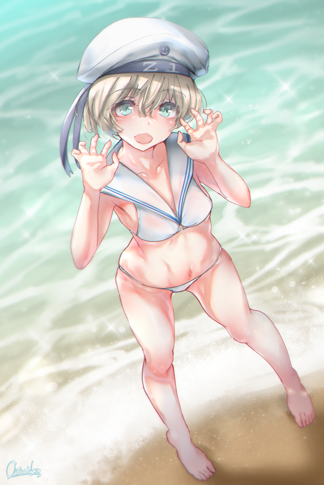 1girl barefoot beach bikini blue_eyes clothes_writing curled_fingers hat kantai_collection lowleg lowleg_bikini mani_oniniku sailor_bikini sailor_collar sailor_hat short_hair silver_hair solo standing swimsuit white_bikini white_headwear white_sailor_collar z1_leberecht_maass_(kancolle)