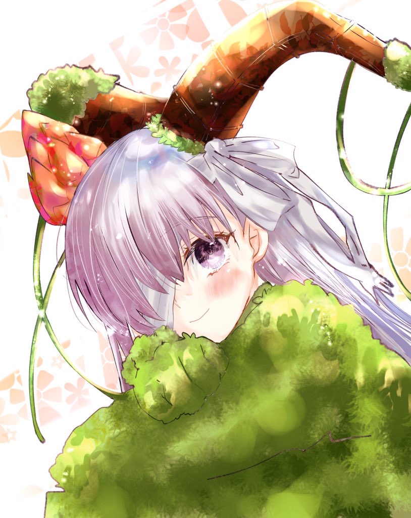1girl asa_(1asa-0-asa1) bandage_over_one_eye bandages bangs blush fate/extra fate/extra_ccc fate/extra_ccc_fox_tail fate/grand_order fate_(series) giant giantess horns kingprotea_(fate) long_hair looking_at_viewer moss purple_hair smile solo very_long_hair violet_eyes