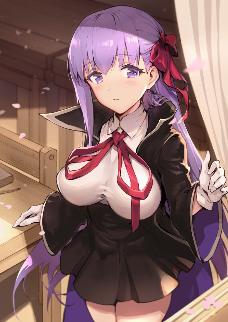 1girl bangs bb_(fate) black_coat black_skirt blush breasts classroom coat curtains fate/extra fate/extra_ccc fate_(series) gloves hair_ribbon haoni high-waist_skirt large_breasts leotard long_hair long_sleeves looking_at_viewer neck_ribbon open_clothes open_coat open_window petals popped_collar purple_hair red_ribbon ribbon skirt solo thighs very_long_hair violet_eyes white_gloves white_leotard wide_sleeves window