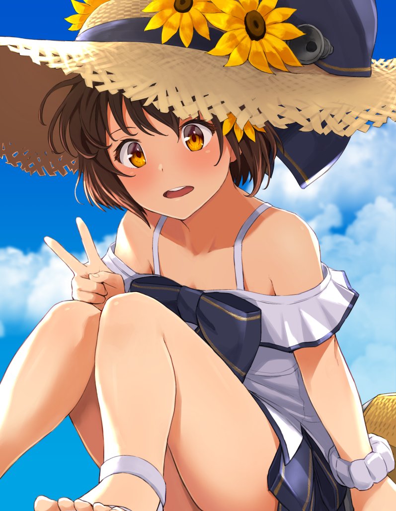 1girl 2021 bangs blue_bow blue_sky bow brown_hair character_name clouds day dress flower hat hat_flower kantai_collection off-shoulder_dress off_shoulder open_mouth orange_eyes outdoors short_hair sky solo straw_hat summer upper_body v watanore white_dress yellow_flower yukikaze_(kancolle)