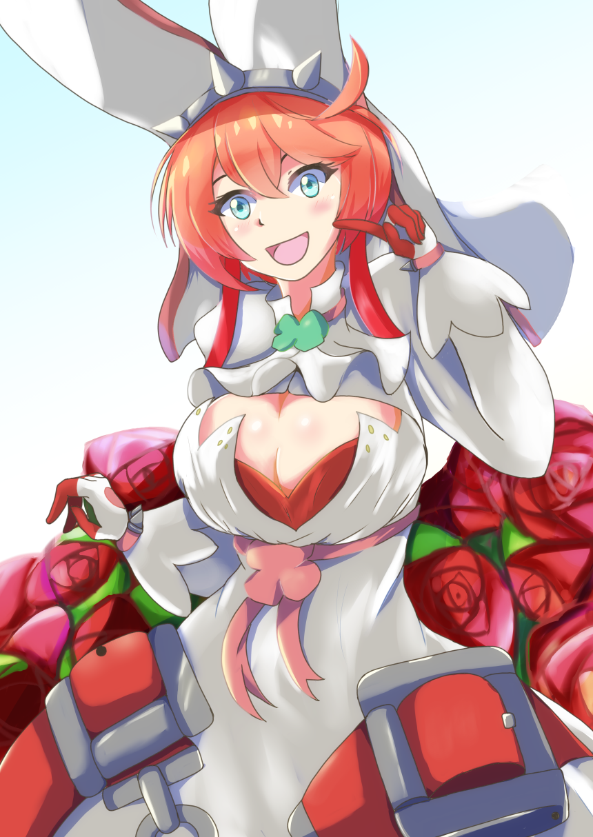 ahoge animal_ears blue_eyes blush breasts dress elphelt_valentine fake_animal_ears guilty_gear guilty_gear_xrd hair_between_eyes hairband highres pink_hair rabbit_ears short_hair spiked_hairband spikes white_dress