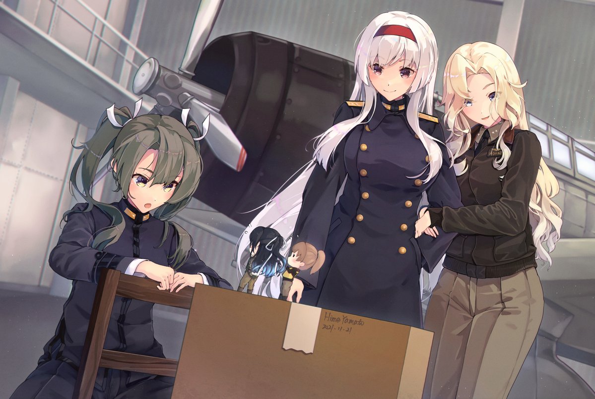 aircraft blonde_hair bomber_jacket box breasts brown_hair brown_pants brown_shirt buttons dark_green_hair dutch_angle green_eyes grey_eyes hair_ribbon hangar headband himeyamato hornet_(kancolle) intrepid_(kancolle) jacket kantai_collection large_breasts life_vest long_hair pants pilot_suit ponytail red_headband ribbon shirt short_hair shoukaku_(kancolle) shoulder_boards small_breasts twintails uniform white_hair zuikaku_(kancolle)