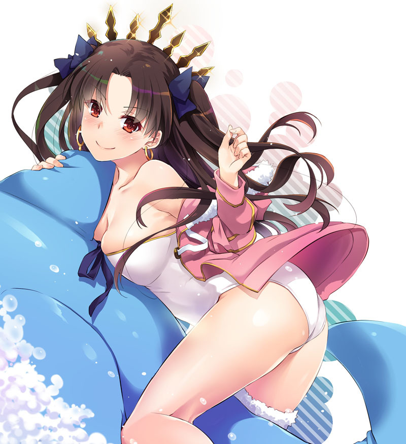 1girl ass bangs black_hair breasts closed_mouth earrings fate/grand_order fate_(series) fur-trimmed_hood fur_trim hair_ribbon highleg highleg_swimsuit hood hoop_earrings inflatable_dolphin inflatable_toy ishtar_(fate) ishtar_(fate)_(all) ishtar_(swimsuit_rider)_(fate) jacket jewelry long_hair long_sleeves looking_at_viewer medium_breasts nakajima_yuka off_shoulder one-piece_swimsuit parted_bangs pink_jacket red_eyes ribbon single_thighhigh smile swimsuit thigh-highs thighs tiara two_side_up white_swimsuit