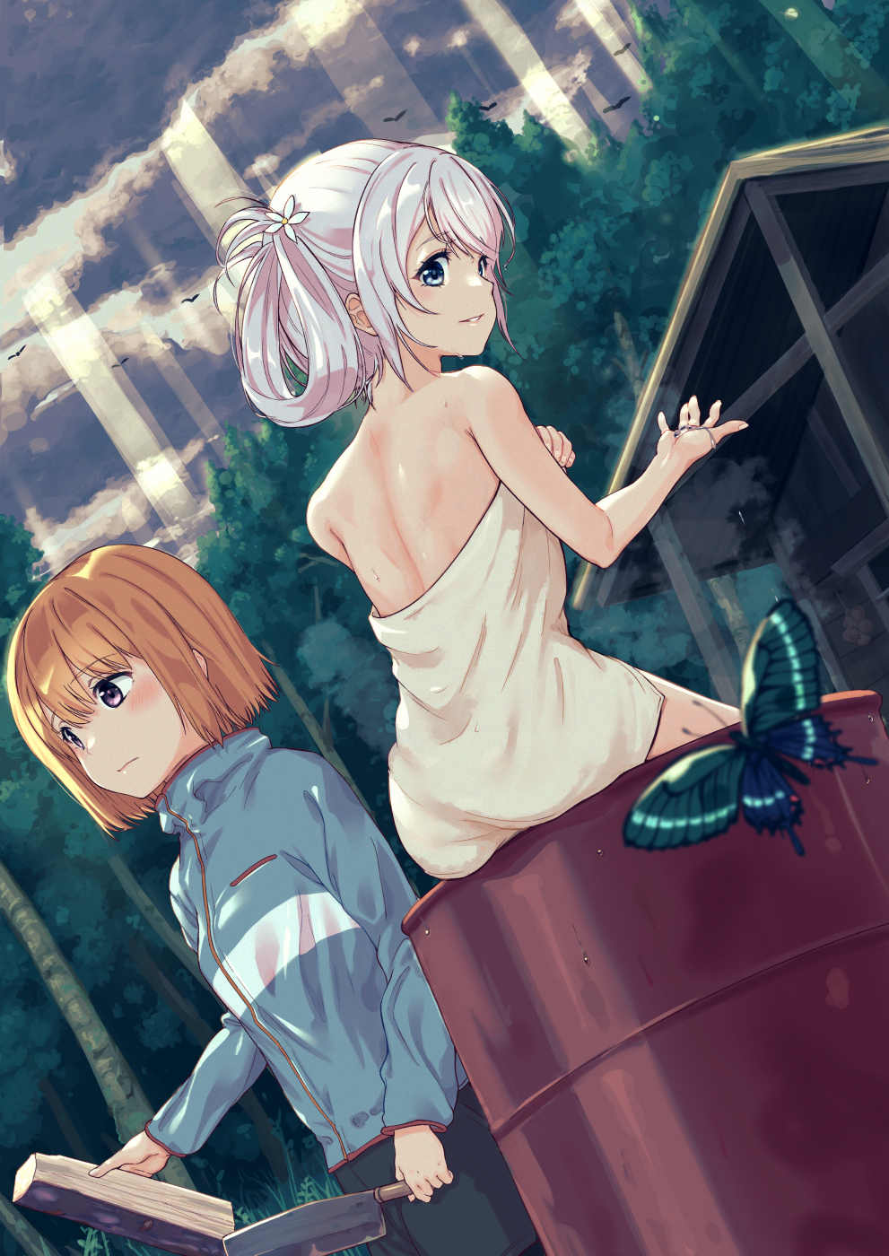 2girls aoba_chika bug butterfly flower hair_flower hair_ornament highres insect jumpsuit magia_record:_mahou_shoujo_madoka_magica_gaiden mahou_shoujo_madoka_magica miura_asahi multiple_girls naked_towel nanakamado orange_hair outdoors short_hair tagme towel tree white_hair