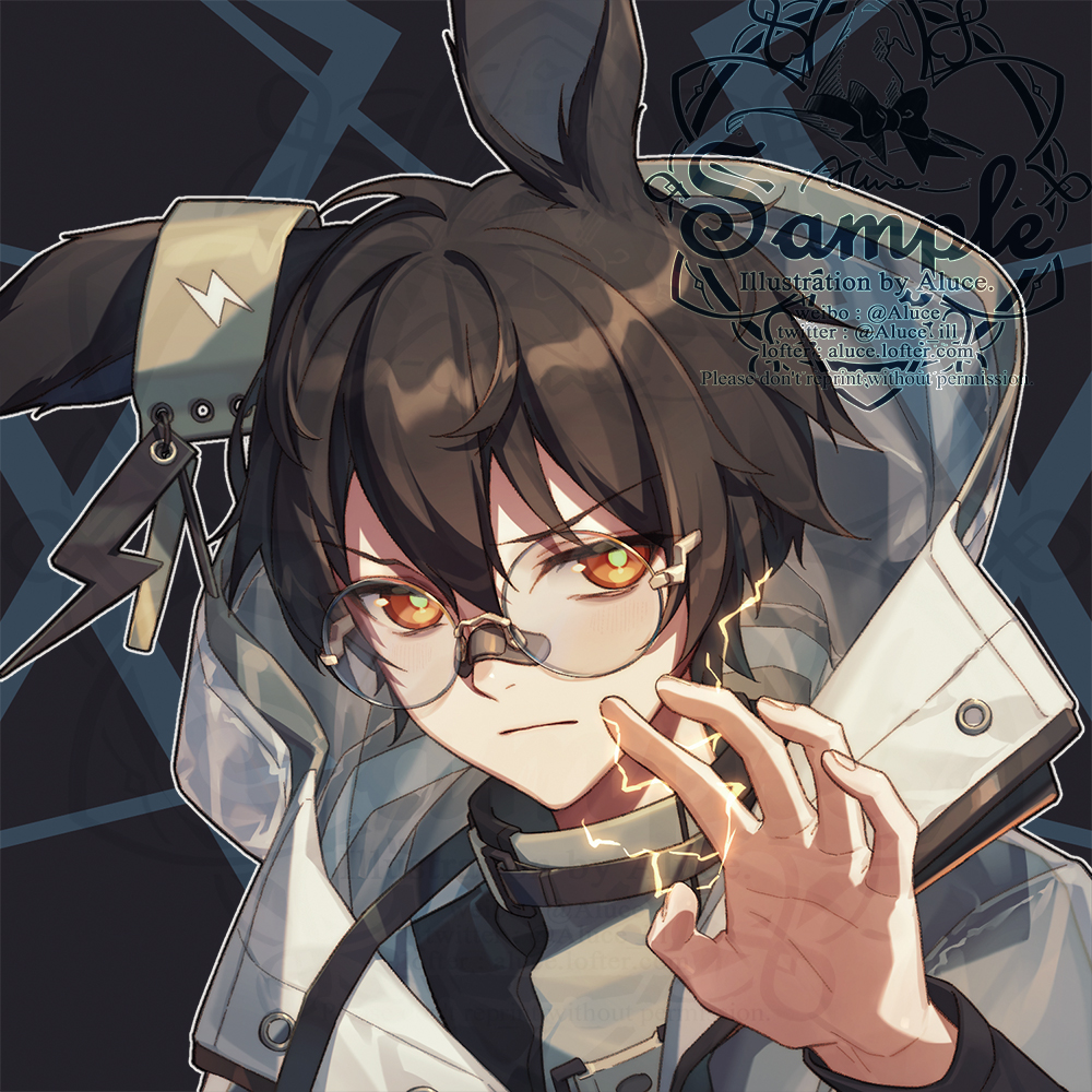 1boy aluce animal_ears arknights artist_name ayerscarpe_(arknights) bandaid black_hair blush closed_mouth coat glasses hand_up jacket looking_at_viewer orange_eyes pale_skin rabbit_ears serious shiny shiny_hair short_hair signature simple_background solo standing thunder watermark