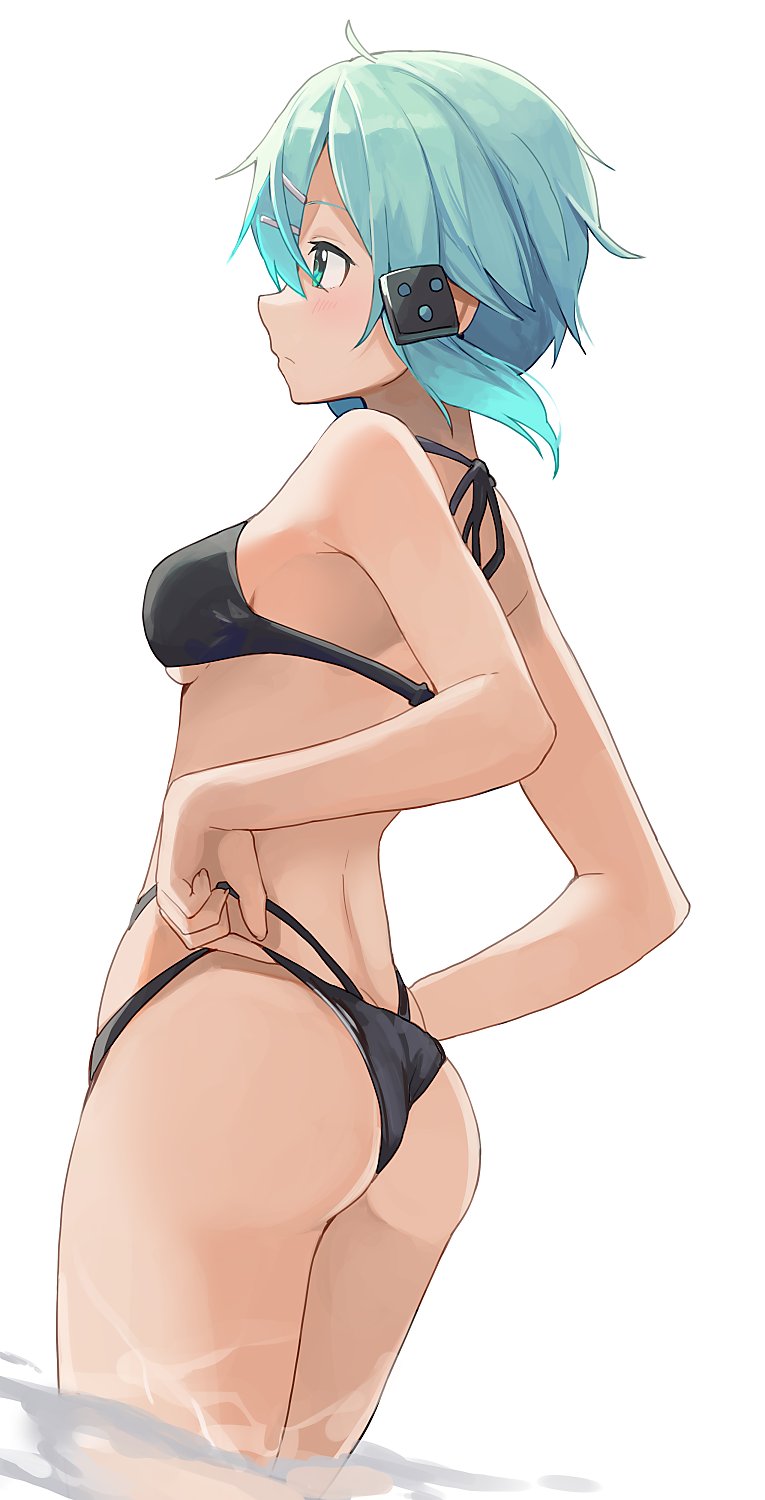 1girl adjusting_clothes adjusting_swimsuit aqua_eyes aqua_hair ass bikini black_bikini blush breasts cowboy_shot from_behind hair_ornament hairclip highres hiroki_(yyqw7151) medium_breasts multi-strapped_bikini short_hair sinon solo standing swimsuit sword_art_online water