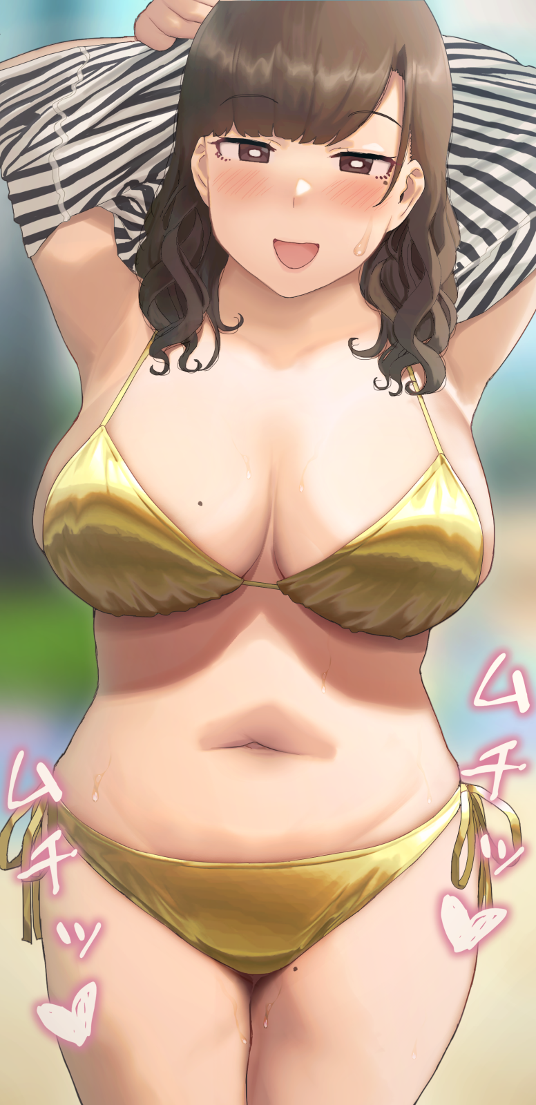 1girl armpits arms_up bangs beach belly bikini blunt_bangs blurry blurry_background blush breasts brown_eyes brown_hair commentary_request cowboy_shot eyebrows_visible_through_hair happy head_tilt heart highres large_breasts looking_at_viewer metallic_bikini mole mole_on_breast mole_on_thigh navel open_mouth original outdoors parted_bangs plump ryokucha_michi shiny shiny_clothes shiny_hair shirt_removed smile solo stomach string_bikini string_tie sweatdrop swimsuit thighs wavy_hair wet yellow_bikini