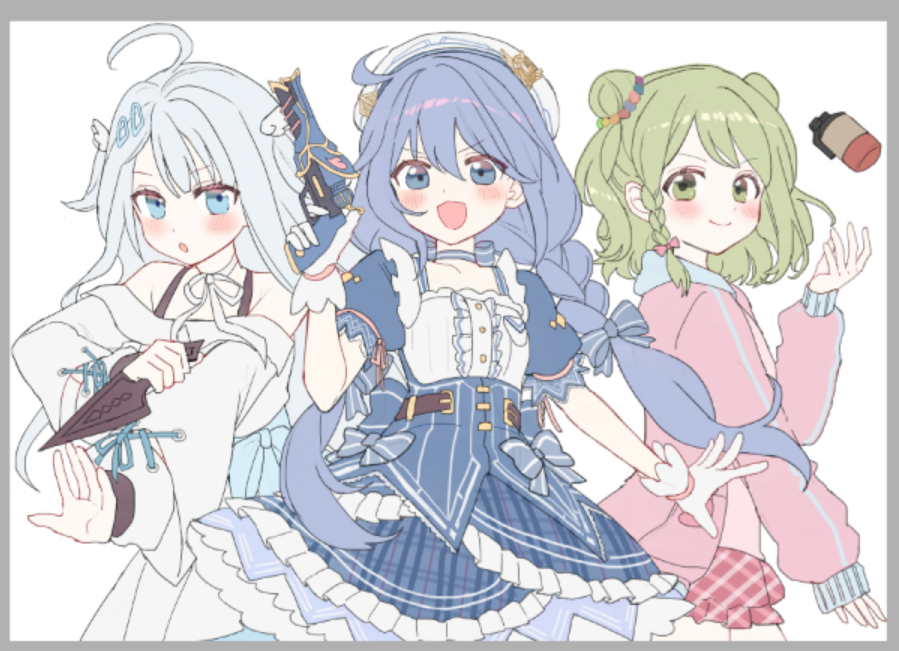 &gt;:) 3girls :d :o ahoge amatsuka_uto bangs bead_band belt belt_buckle beret blue_bow blue_eyes blue_hair blue_neckwear blue_ribbon blue_skirt blush bodice border bow bowtie braid buckle c_ih0515 choker closed_mouth diagonal-striped_skirt double_bun dress eyebrows_visible_through_hair frilled_skirt frills furrowed_brow gloves green_eyes green_hair grey_border hair_ornament hairclip hat hood hoodie indie_virtual_youtuber juliet_sleeves kunai layered_skirt light_blue_hair long_hair long_sleeves low_twin_braids morinaka_kazaki multiple_girls off-shoulder_dress off_shoulder open_mouth pink_hoodie plaid plaid_skirt puffy_short_sleeves puffy_sleeves red_ribbon red_skirt ribbon ribbon_choker short_hair short_sleeves shoulder_strap skirt sleeve_cuffs smile smoke_grenade twin_braids two_side_up v-shaped_eyebrows very_long_hair virtual_youtuber weapon weapon_request white_background white_dress white_gloves wing_hair_ornament yellow_ribbon yuuki_chihiro