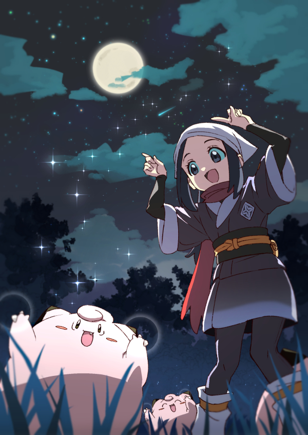 1girl :d akari_(pokemon) arms_up black_hair black_legwear black_undershirt blush_stickers clefairy clouds eyelashes fang from_below gen_1_pokemon grass grey_eyes head_scarf imitating index_fingers_raised jacket loose_socks moon night open_mouth outdoors pantyhose pokemon pokemon_(creature) pokemon_(game) pokemon_legends:_arceus red_scarf scarf sidelocks sky smile sparkle star_(sky) tongue undershirt white_legwear white_scarf yoko.u