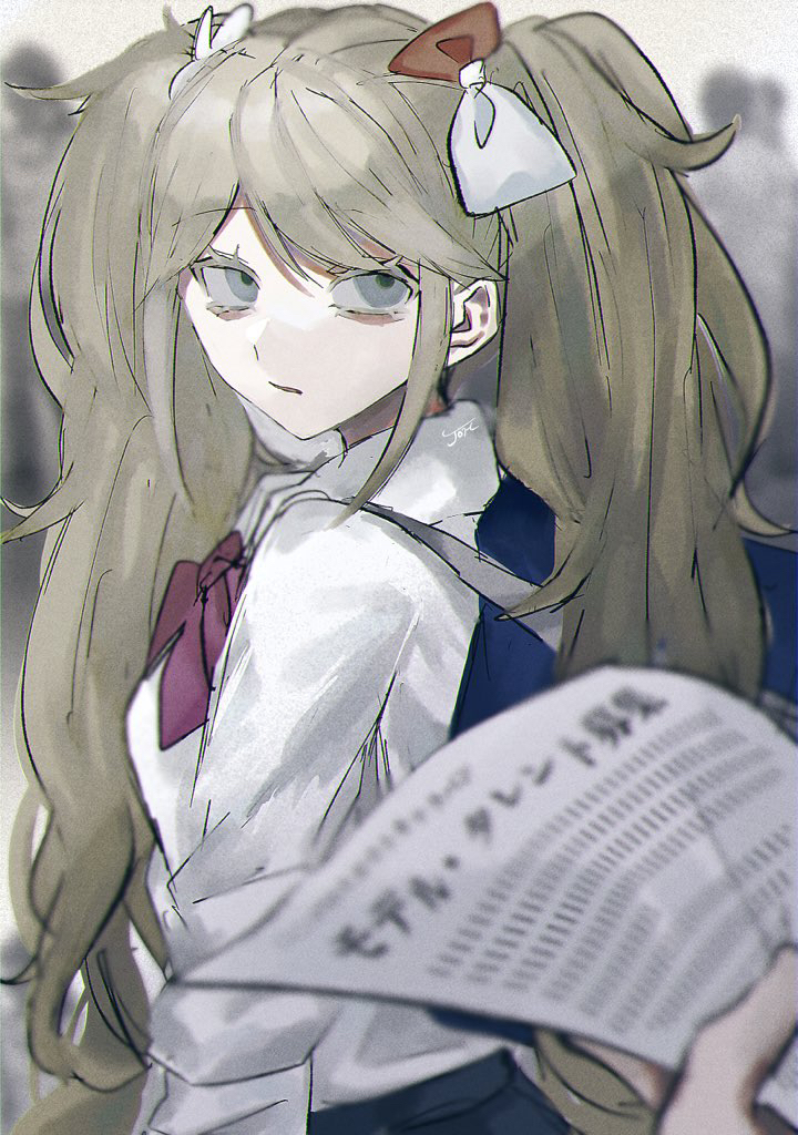 1girl bangs blurry blurry_background bow bunny_hair_ornament collared_shirt commentary_request dangan_ronpa:_trigger_happy_havoc dangan_ronpa_(series) enoshima_junko from_side green_eyes hair_bow hair_ornament holding holding_paper joh_pierrot long_hair long_sleeves looking_at_another looking_at_viewer looking_to_the_side paper shirt solo_focus twintails upper_body white_bow white_shirt