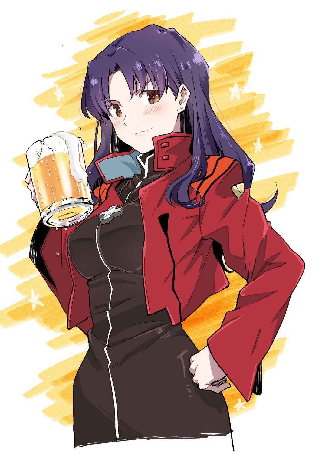 1girl alcohol beer beer_mug black_dress brown_eyes closed_mouth cowboy_shot cropped_jacket cross cross_necklace cup dress ear_piercing earrings eyebrows_visible_through_hair hand_on_hip hand_up highres holding holding_cup jacket jewelry katsuragi_misato long_hair long_sleeves looking_at_viewer mug necklace neon_genesis_evangelion nori_senbei open_clothes open_jacket piercing purple_hair red_jacket short_dress simple_background solo standing stud_earrings