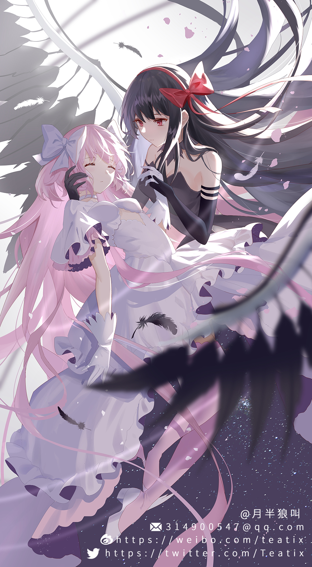 2girls akemi_homura akuma_homura bare_shoulders black_hair choker cleavage_cutout closed_eyes closed_mouth clothing_cutout detached_sleeves dress feathered_wings gloves goddess_madoka hair_ornament highres kaname_madoka long_hair mahou_shoujo_madoka_magica multiple_girls pink_eyes pink_hair ribbon sleeping teatix twintails very_long_hair white_dress white_gloves wings