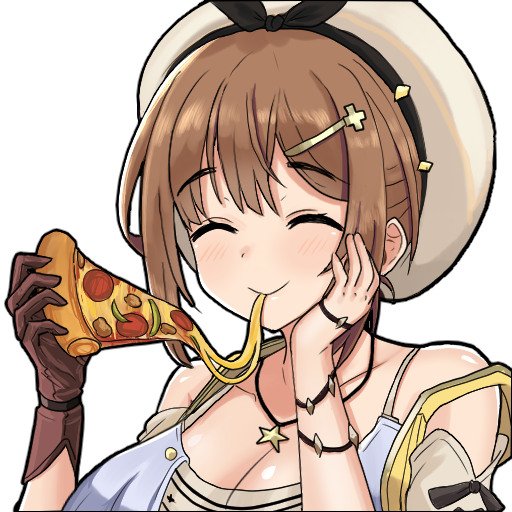 1girl ^_^ atelier_(series) atelier_ryza bangs blush bracelet breasts brown_gloves brown_hair cheese cheese_trail closed_eyes desspie eating english_commentary eyebrows_visible_through_hair food food_in_mouth gloves hair_ornament hairclip hand_on_own_face holding holding_food holding_pizza jewelry large_breasts leather leather_gloves medium_hair necklace pizza pizza_slice portrait reisalin_stout shiny shiny_hair shiny_skin sidelocks single_glove sleeveless sleeveless_jacket smile solo star_(symbol) star_necklace transparent_background white_headwear