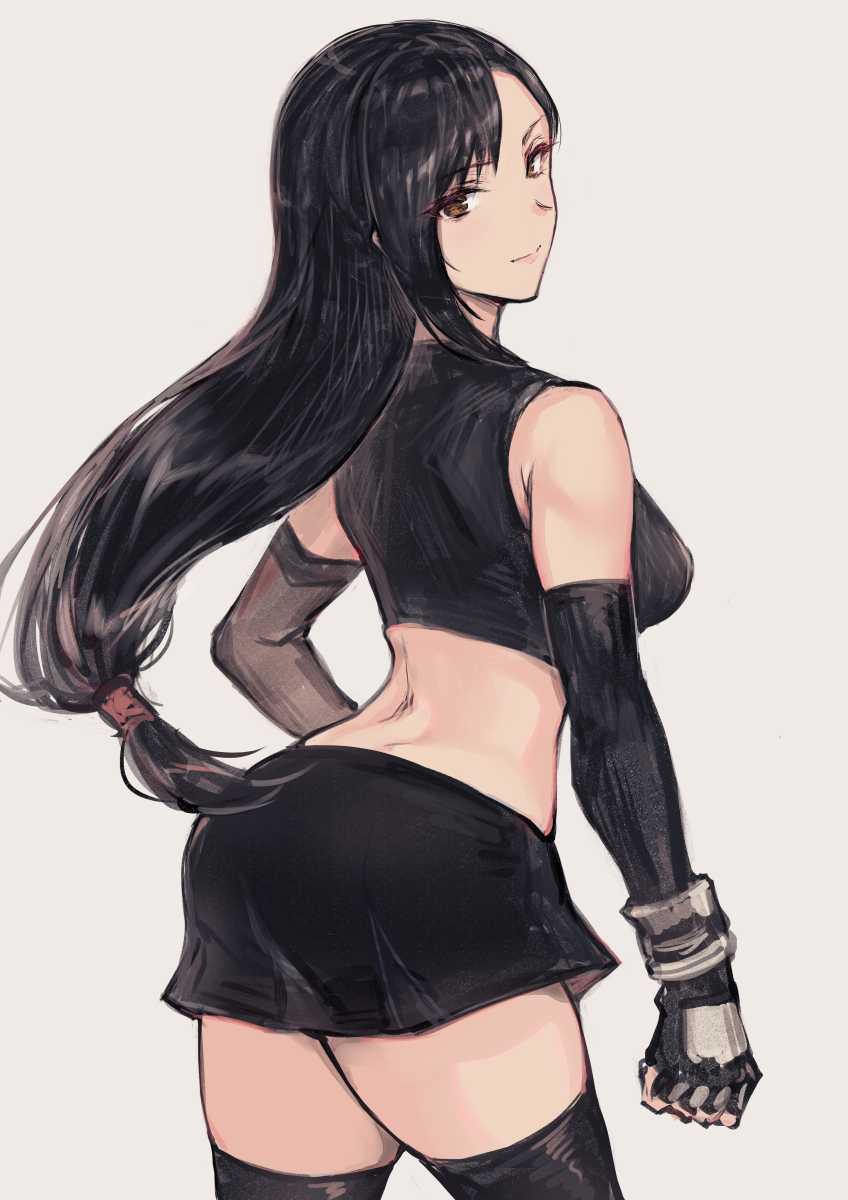 1girl ass back bangs bare_shoulders black_gloves black_hair black_legwear black_shirt black_skirt blush breasts brown_eyes crop_top elbow_gloves final_fantasy final_fantasy_vii fingerless_gloves gloves haoni highres large_breasts long_hair looking_at_viewer looking_back low-tied_long_hair shirt skirt smile solo thigh-highs thighs tifa_lockhart